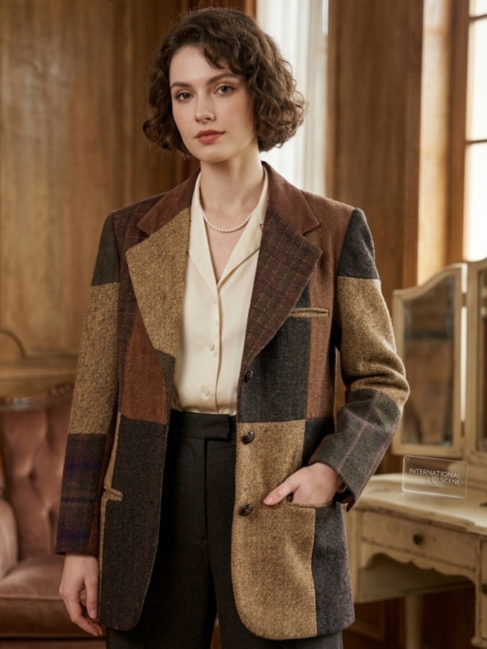 Vintage International Scene Patchwork Wool-Blend Blazer Jacket - Brown Multi